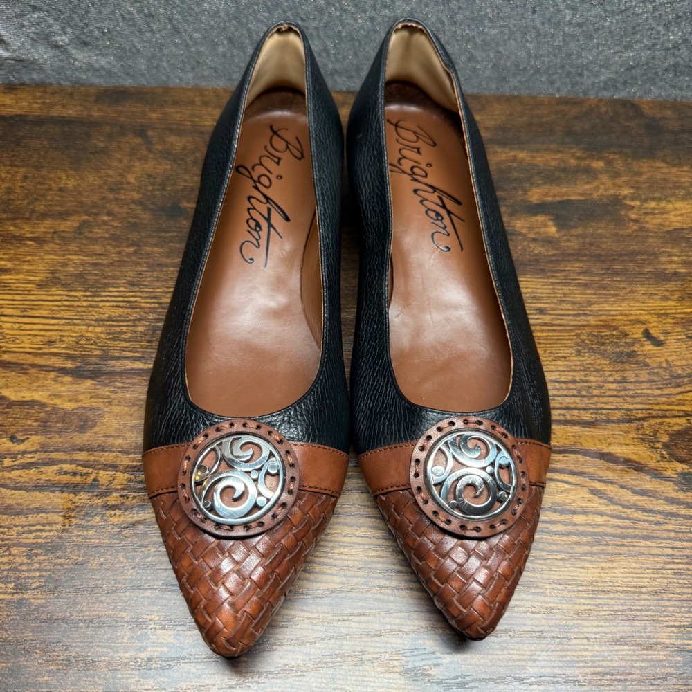 Brighton Ebony Black Brown Leather Woven Pointed Toe Flats Size 7.5M Medallion - Picture 2 of 7